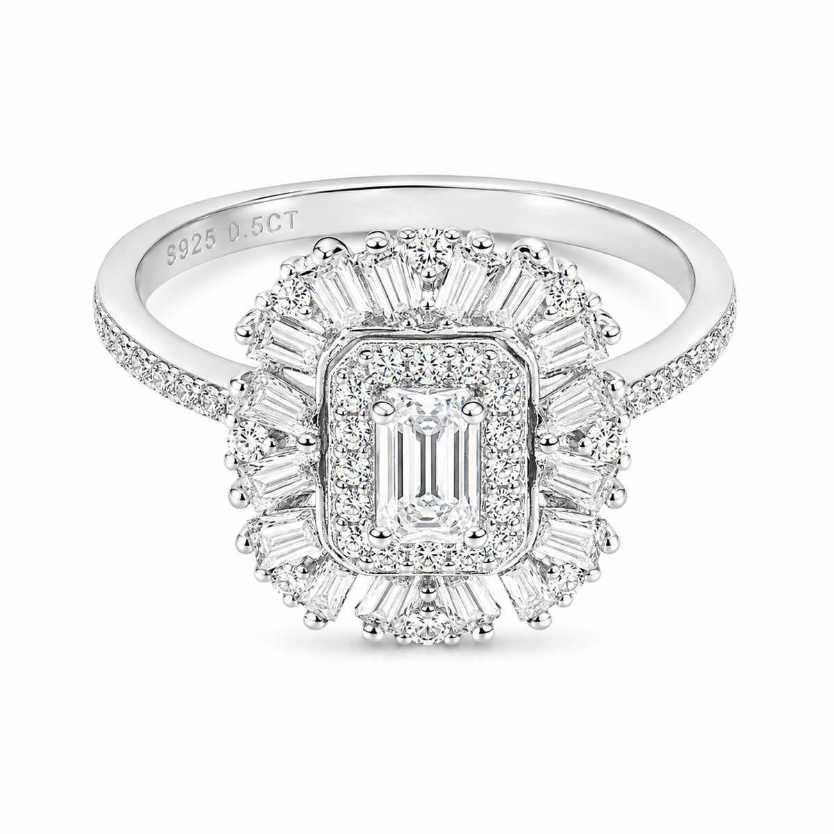 Sterling Silver 0.5 ct Emerald Moissanite VVS1 Flower Wedding Engagement Ring