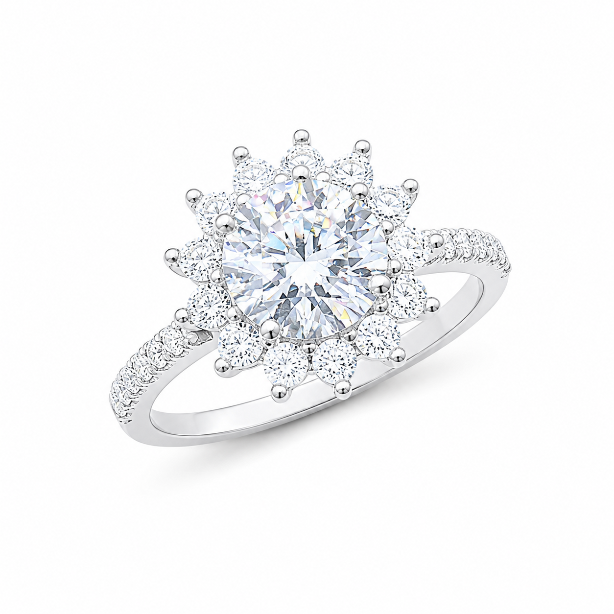 Sterling Silver 2 ct Round Moissanite VVS1 Flower Wedding Engagement Ring