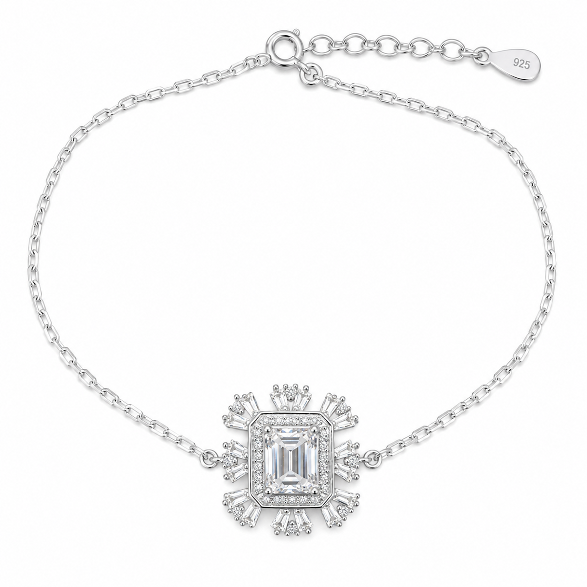 Sterling Silver 1ct Emerald Cut Moissanite VVS1 Flower Cable Chain Link Bracelet