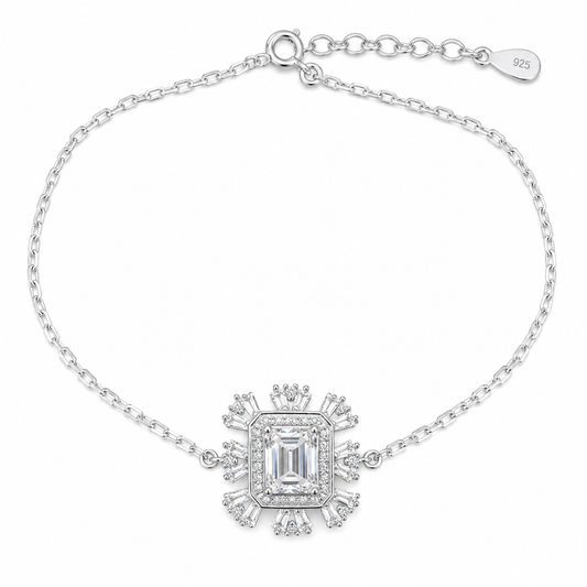 Sterling Silver 1ct Emerald Cut Moissanite VVS1 Flower Cable Chain Link Bracelet