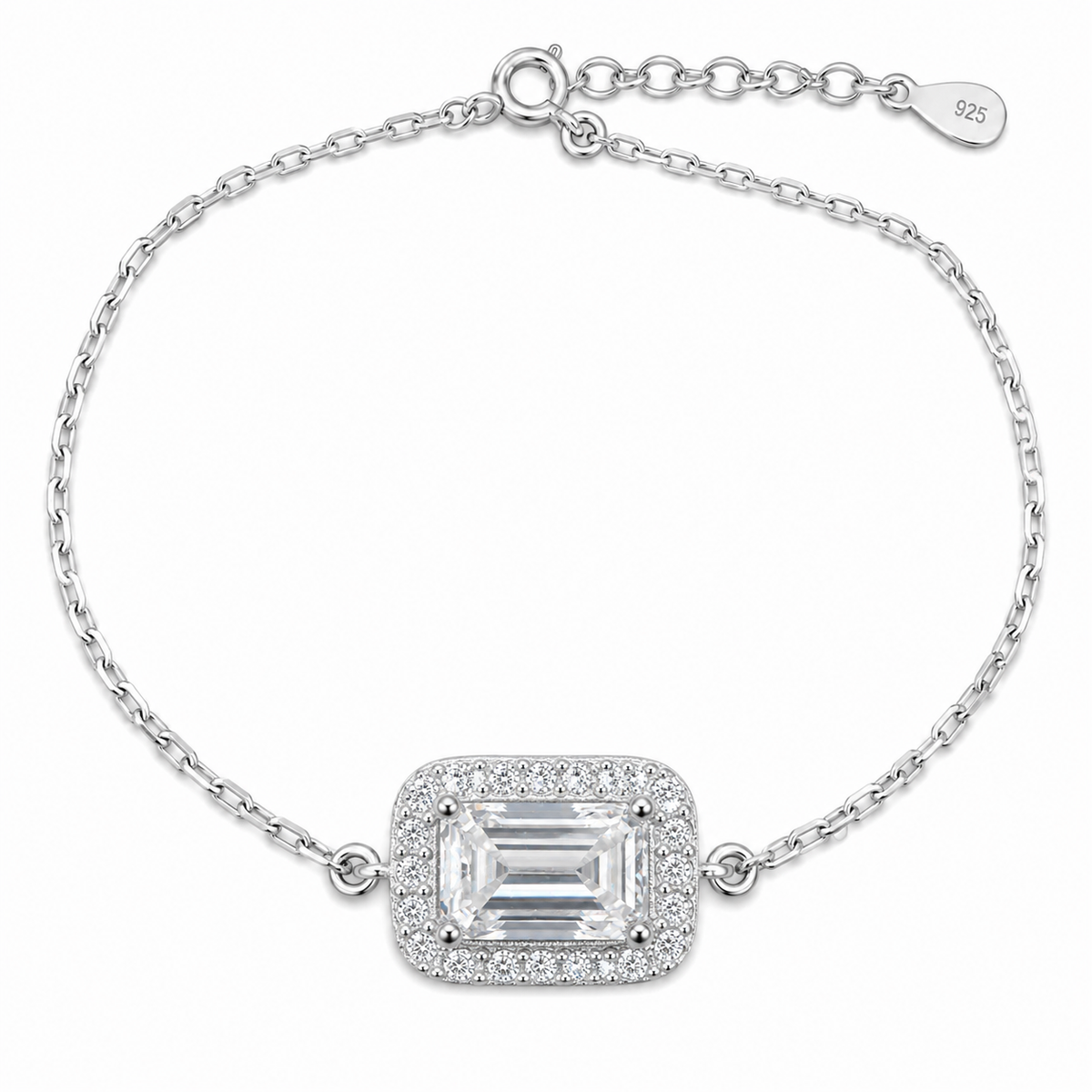 Sterling Silver 1ct Emerald Cut Moissanite VVS1 Halo Cable Chain Link Bracelet
