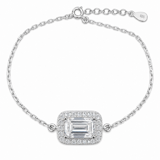 Sterling Silver 1ct Emerald Cut Moissanite VVS1 Halo Cable Chain Link Bracelet