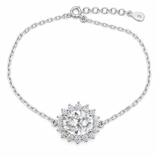 Sterling Silver 1ct Oval Moissanite VVS1 Flower Cable Chain Link Bracelet