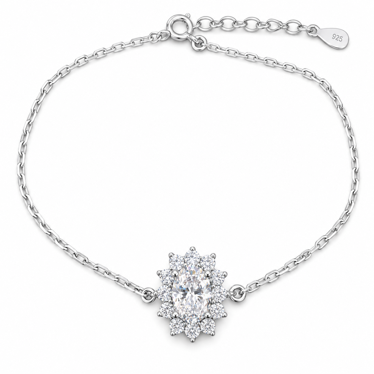 Sterling Silver 1ct Oval Moissanite VVS1 Flower Cable Chain Link Bracelet