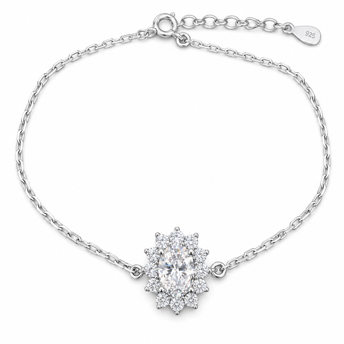 Sterling Silver 1ct Oval Moissanite VVS1 Flower Cable Chain Link Bracelet