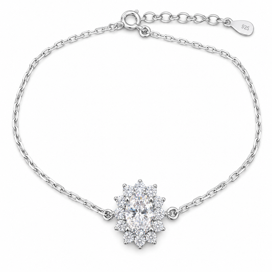 Sterling Silver 1ct Oval Moissanite VVS1 Flower Cable Chain Link Bracelet