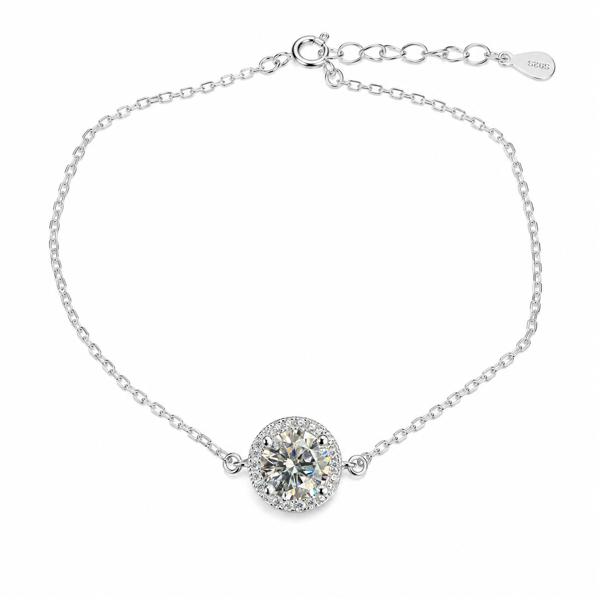 Sterling Silver 0.5ct Round Moissanite VVS1 Halo Cable Chain Link Bracelet
