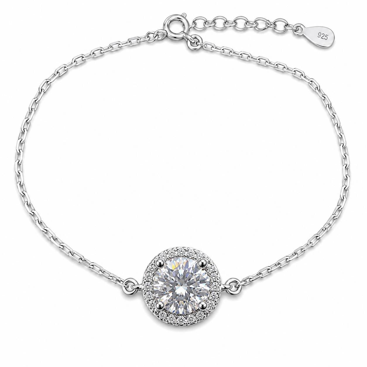 Sterling Silver 1ct Round Moissanite VVS1 Halo Cable Chain Link Bracelet