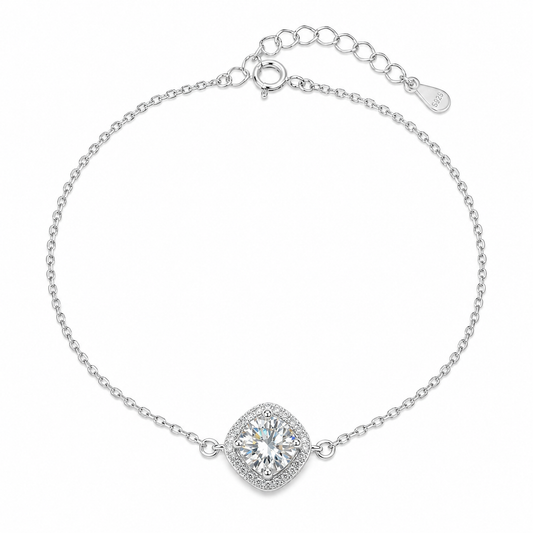 Sterling Silver 1ct Round Moissanite VVS1 Halo Cable Chain Link Bracelet