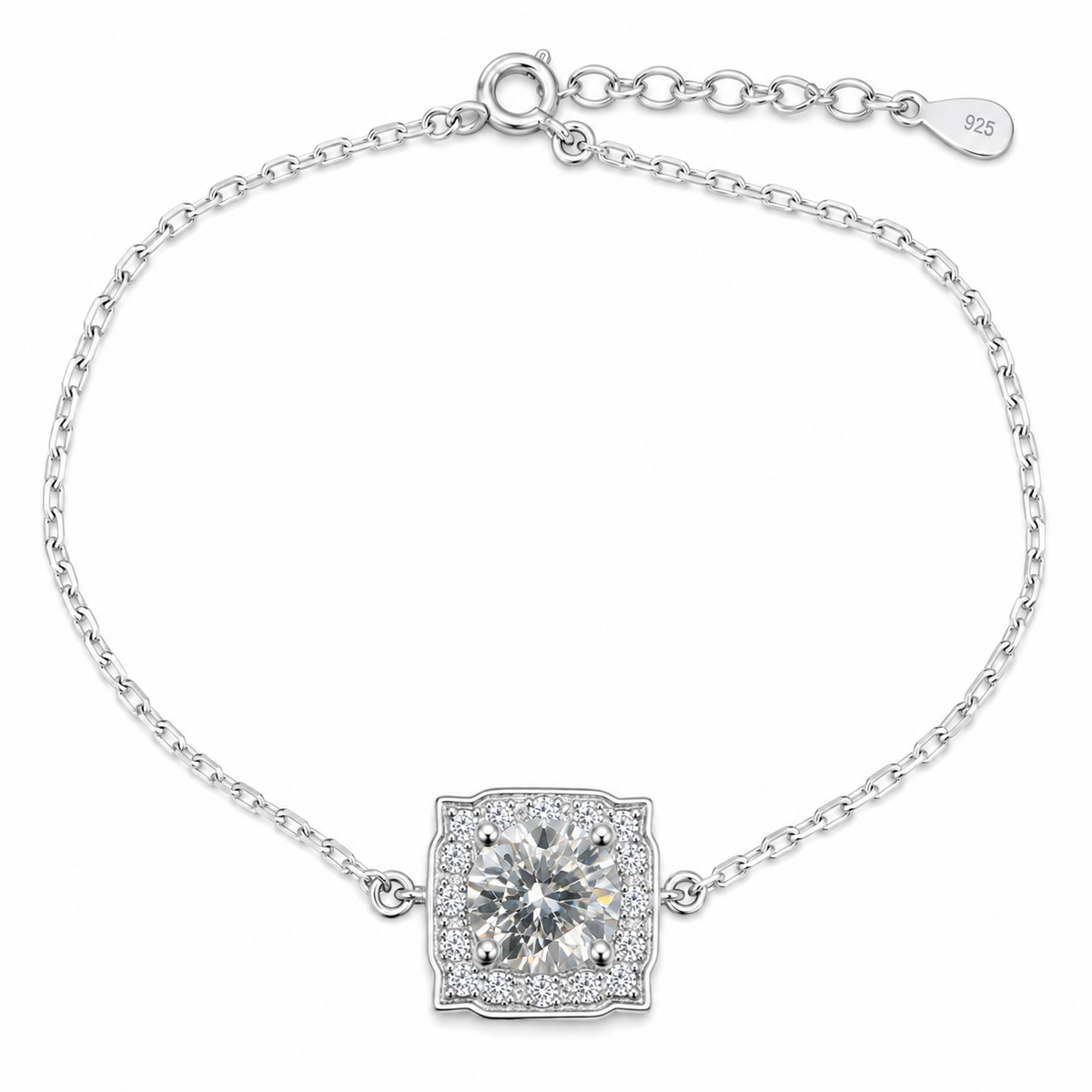 Sterling Silver 1ct Round Moissanite VVS1 Halo Cable Chain Link Bracelet