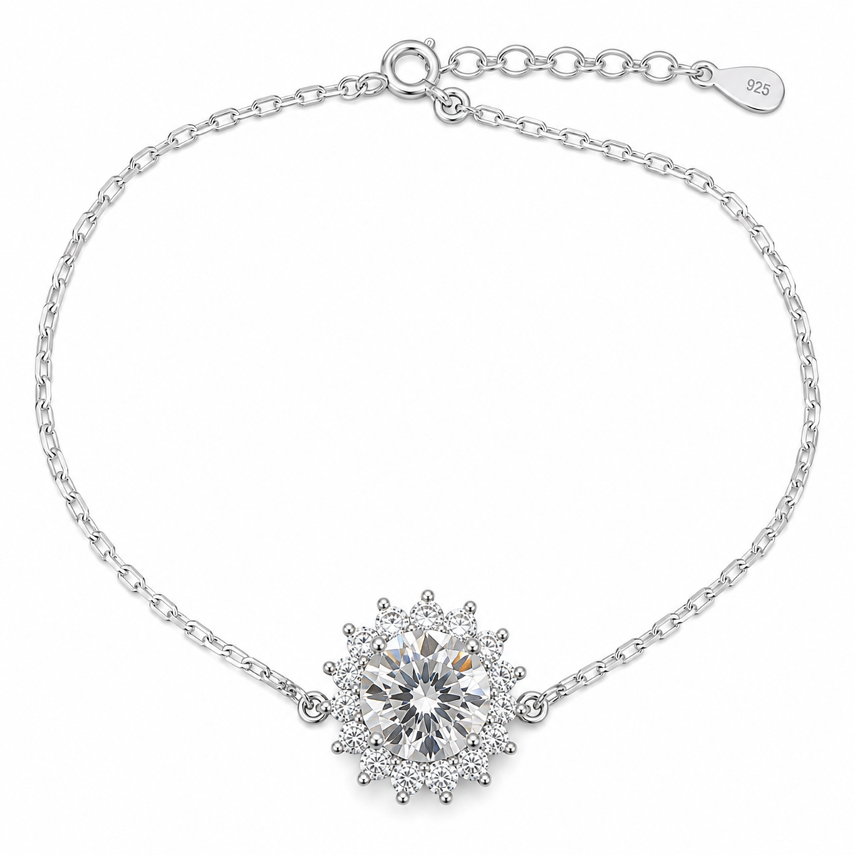 Sterling Silver 1ct Round Moissanite VVS1 Flower Cable Chain Link Bracelet