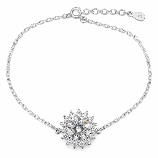 Sterling Silver 1ct Round Moissanite VVS1 Flower Cable Chain Link Bracelet