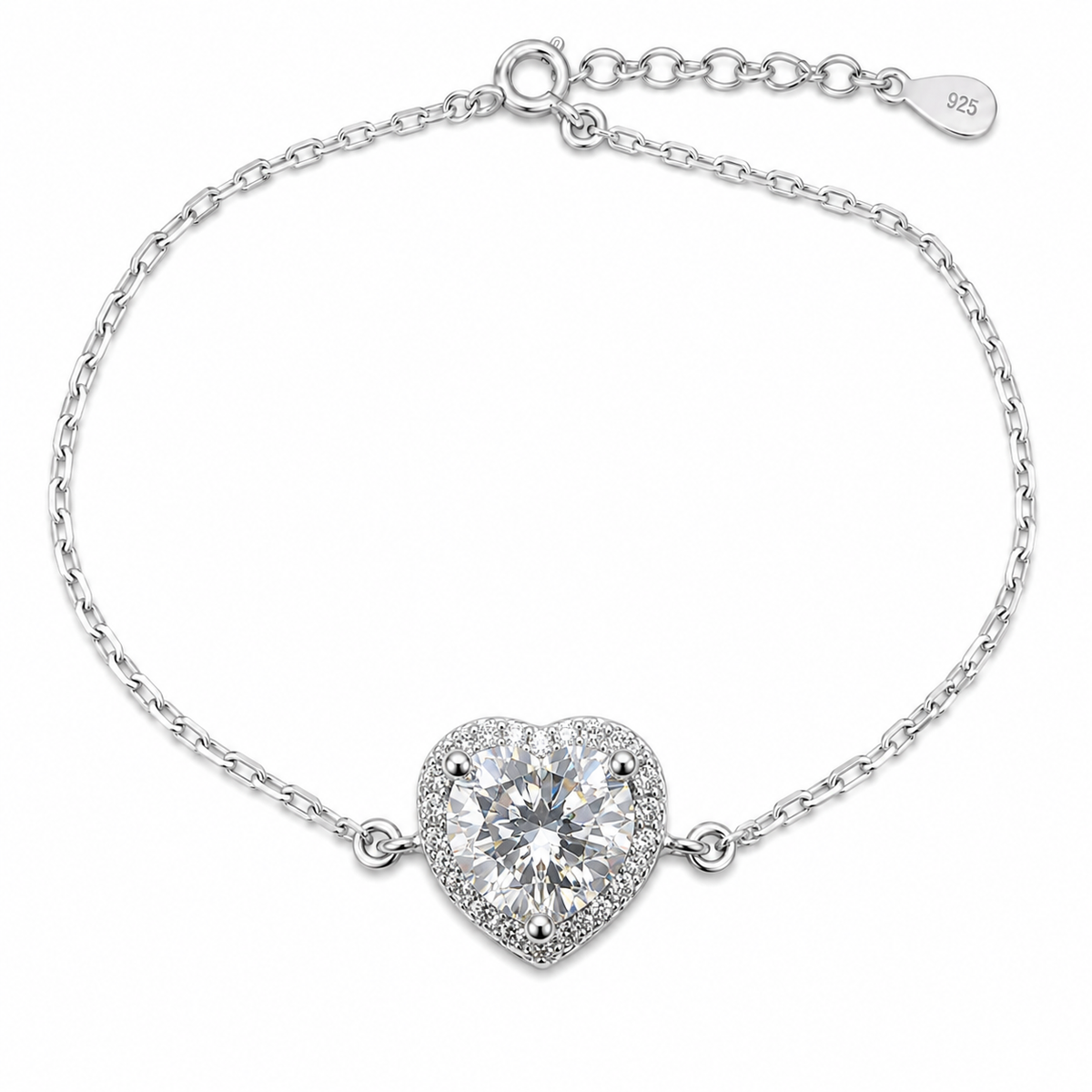 Sterling Silver 1ct Round Moissanite VVS1 Heart Cable Chain Link Bracelet