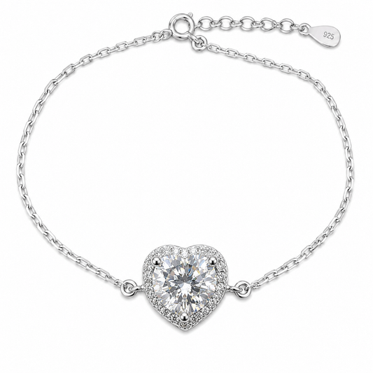Sterling Silver 1ct Round Moissanite VVS1 Heart Cable Chain Link Bracelet