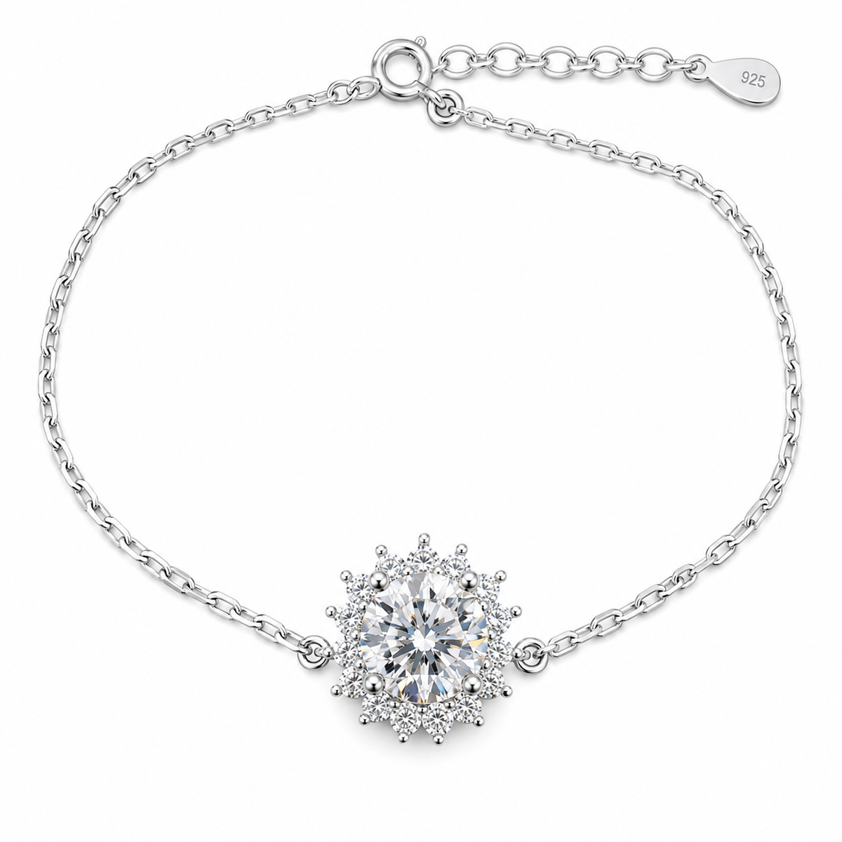 Sterling Silver 1ct Round Moissanite VVS1 Flower Cable Chain Link Bracelet