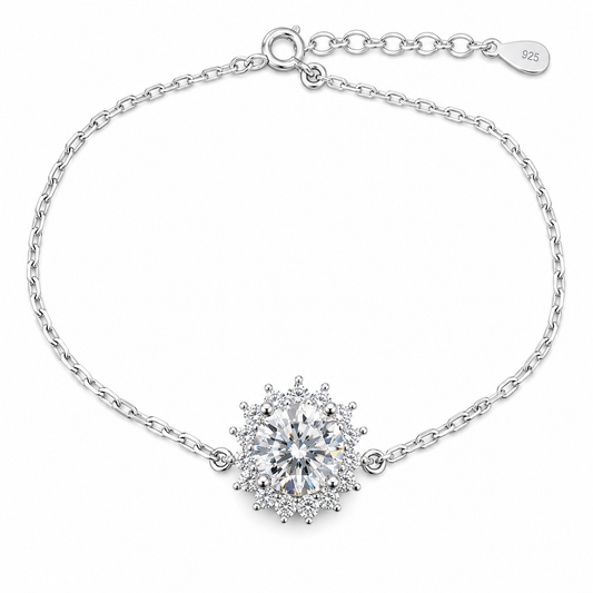 Sterling Silver 1ct Round Moissanite VVS1 Flower Cable Chain Link Bracelet