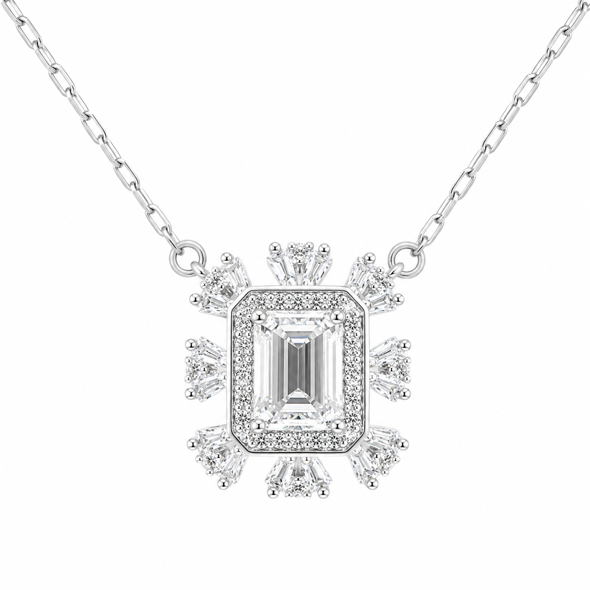 Sterling Silver 1ct Emerald Cut Moissanite VVS1 Flower Cable Chain Link Necklace