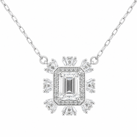 Sterling Silver 1ct Emerald Cut Moissanite VVS1 Flower Cable Chain Link Necklace