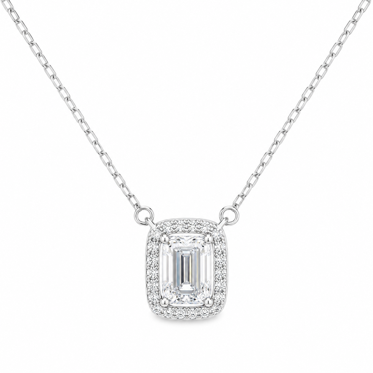 Sterling Silver 1ct Emerald Cut Moissanite VVS1 Halo Cable Chain Link Necklace