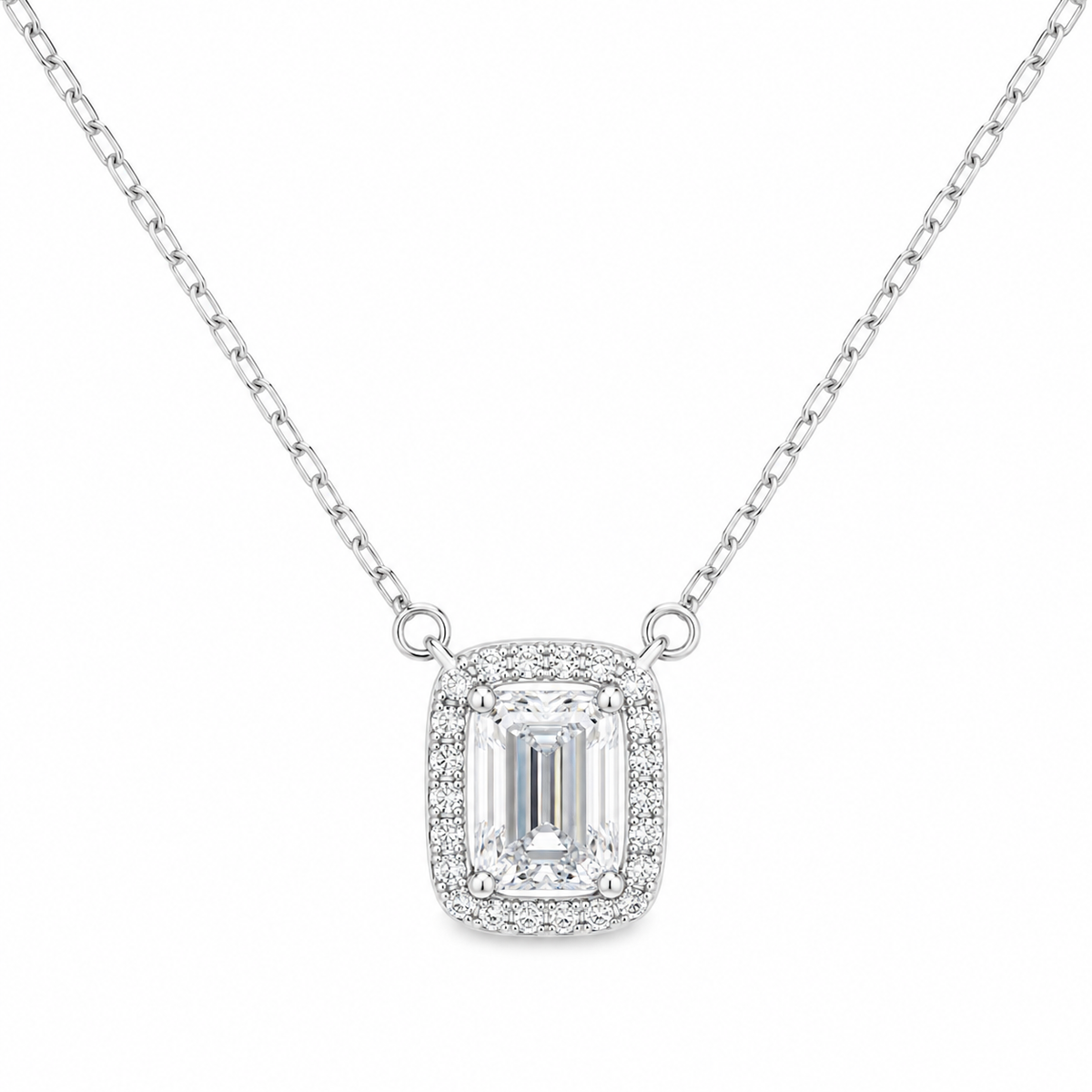Sterling Silver 1ct Emerald Cut Moissanite VVS1 Halo Cable Chain Link Necklace