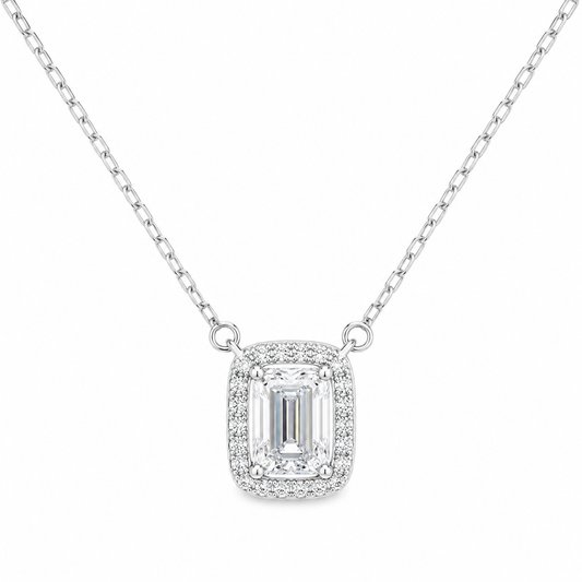 Sterling Silver 1ct Emerald Cut Moissanite VVS1 Halo Cable Chain Link Necklace