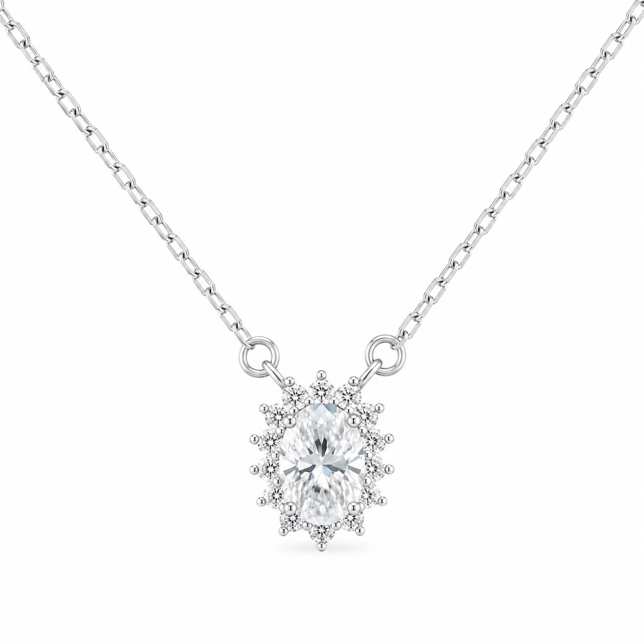 Sterling Silver 1ct Oval Moissanite VVS1 Halo Cable Chain Link Necklace