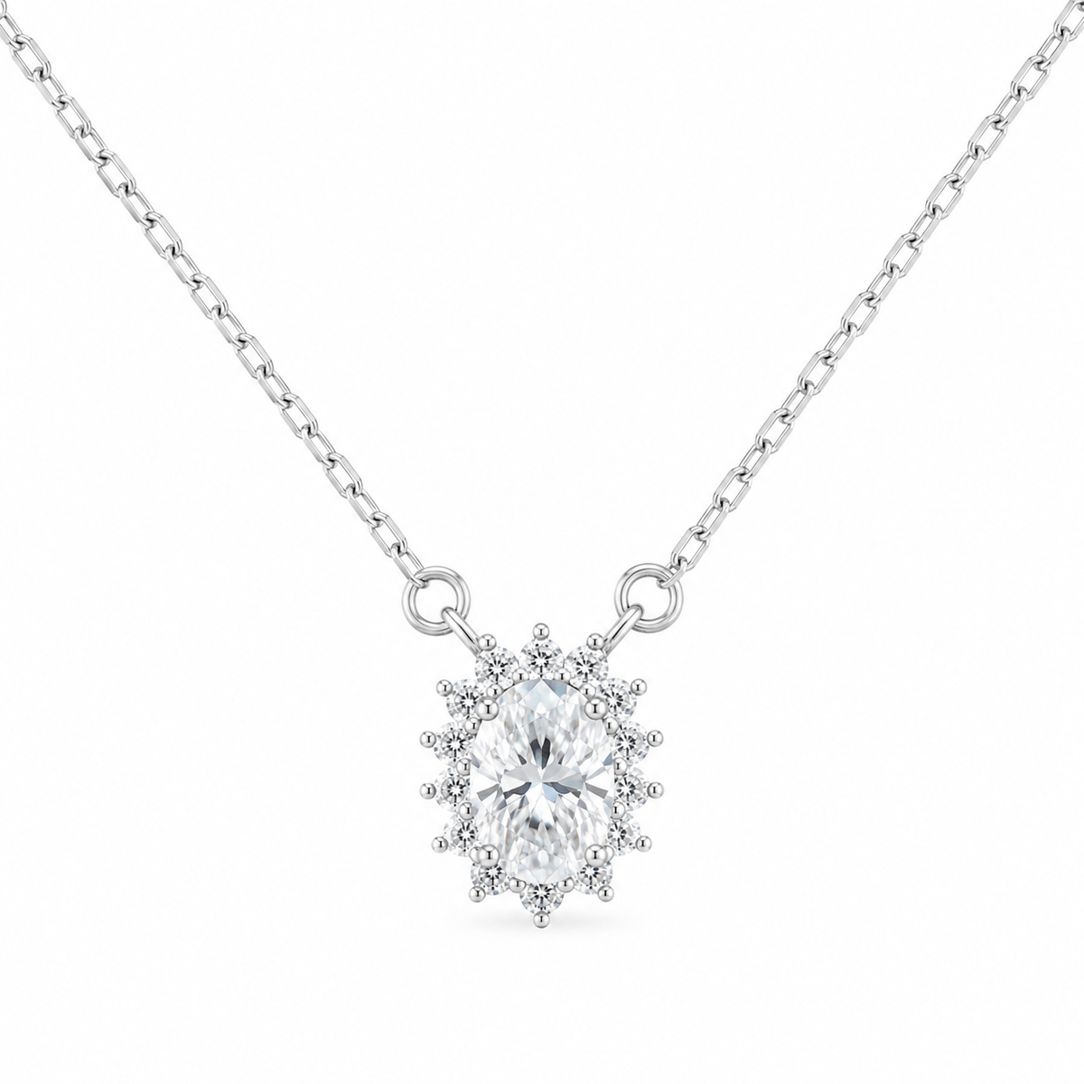 Sterling Silver 1ct Oval Moissanite VVS1 Halo Cable Chain Link Necklace