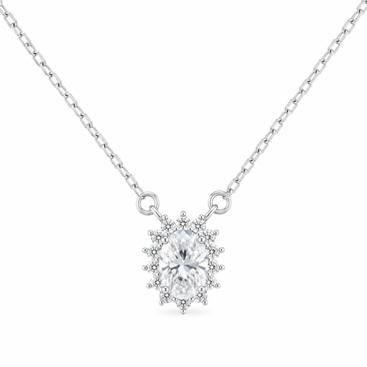 Sterling Silver 1ct Oval Moissanite VVS1 Halo Cable Chain Link Necklace
