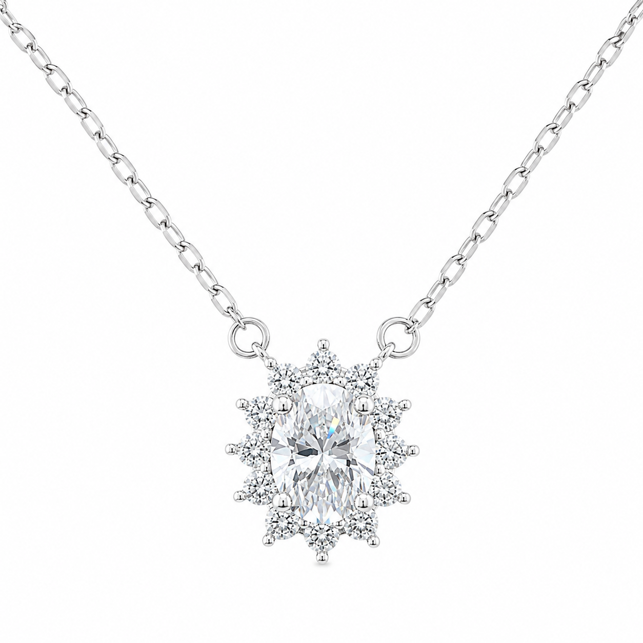 Sterling Silver 1ct Oval Moissanite VVS1 Halo Cable Chain Link Necklace