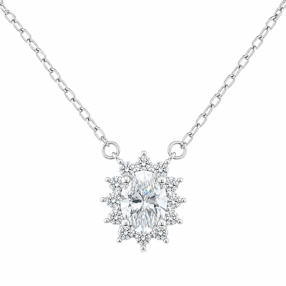 Sterling Silver 1ct Oval Moissanite VVS1 Halo Cable Chain Link Necklace