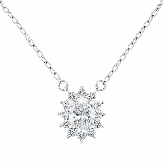 Sterling Silver 1ct Oval Moissanite VVS1 Halo Cable Chain Link Necklace