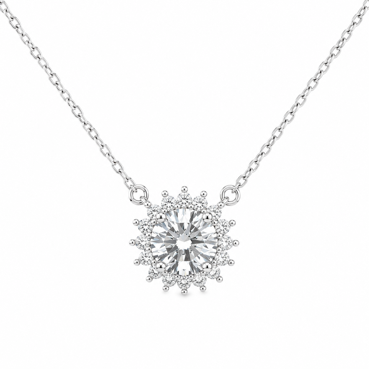 Sterling Silver 1ct Round Moissanite VVS1 Halo Cable Chain Link Necklace