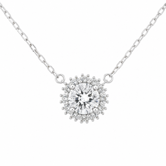 Sterling Silver 1ct Round Moissanite VVS1 Halo Cable Chain Link Necklace