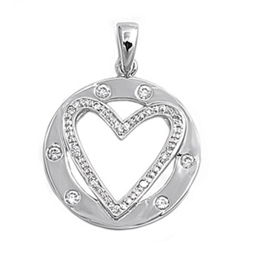 Sterling Silver Circle Unique Promise Heart Pendant Clear Simulated CZ Charm
