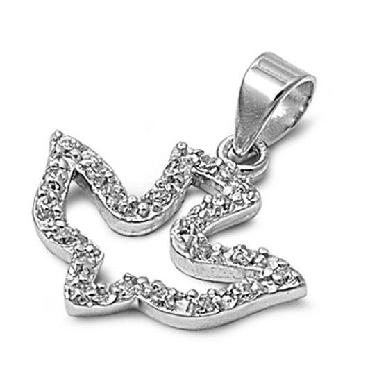 Dove Studded Bird Outline Pendant Clear Simulated CZ .925 Sterling Silver Charm