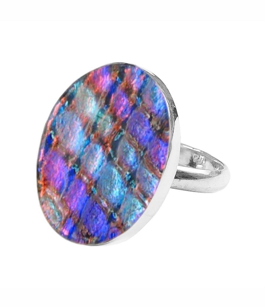 Sterling Silver Dichroic Glass Handmade Hook Adjustable Ring Band Sizes 5-10
