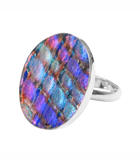 Sterling Silver Dichroic Glass Handmade Hook Adjustable Ring Band Sizes 5-10