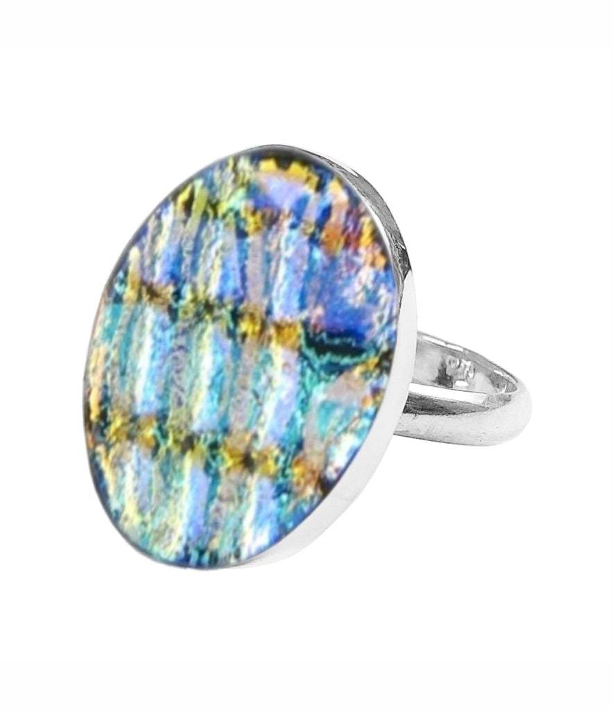Sterling Silver Dichroic Glass Handmade Hook Adjustable Ring Band Sizes 5-10