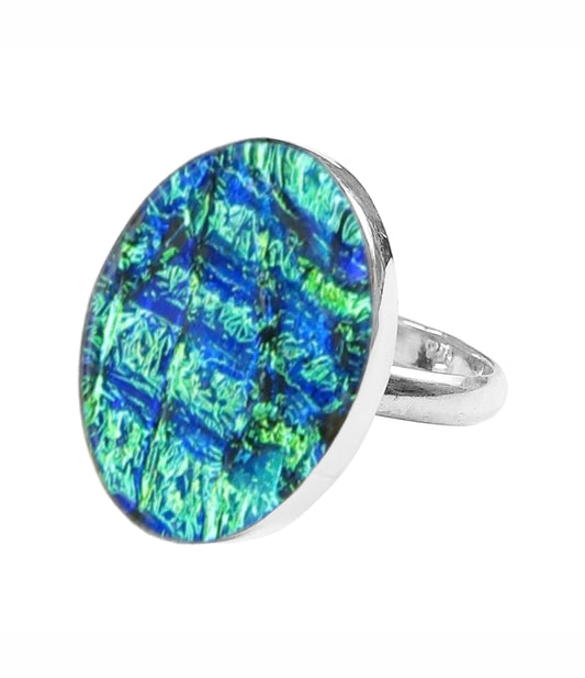 Sterling Silver Dichroic Glass Handmade Hook Adjustable Ring Band Sizes 5-10