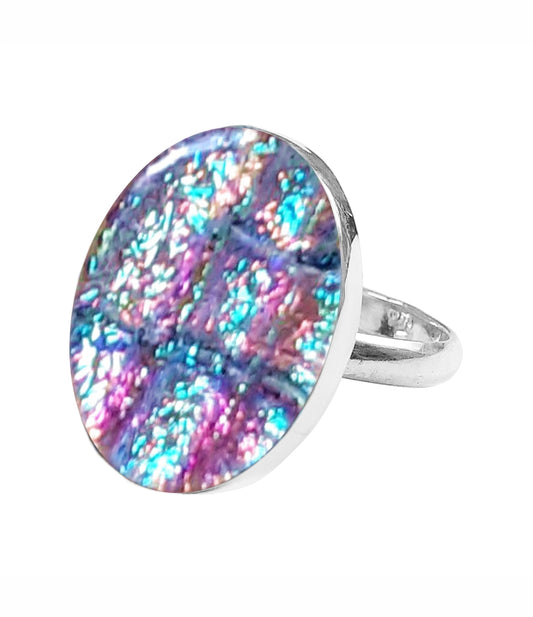 Sterling Silver Dichroic Glass Handmade Hook Adjustable Ring Band Sizes 5-10