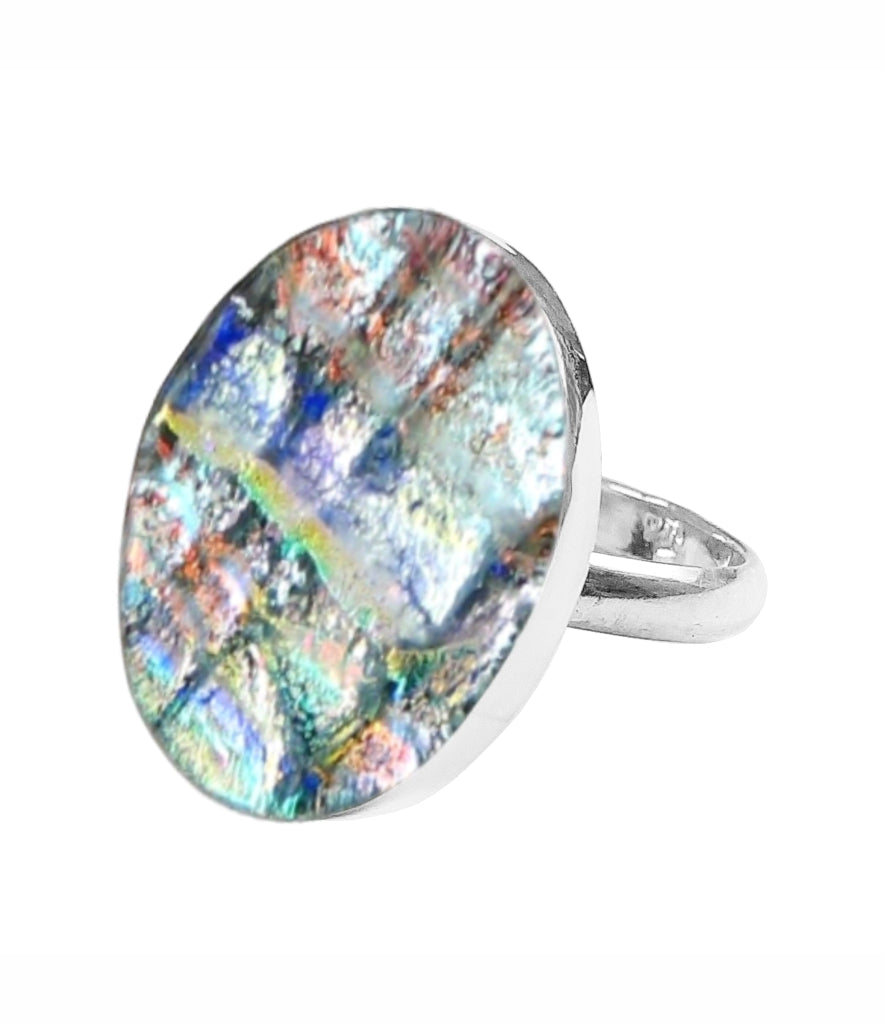 Sterling Silver Dichroic Glass Handmade Hook Adjustable Ring Band Sizes 5-10