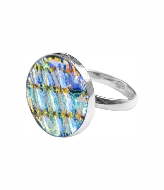 Sterling Silver Dichroic Glass Handmade Hook Adjustable Ring Band Sizes 5-10