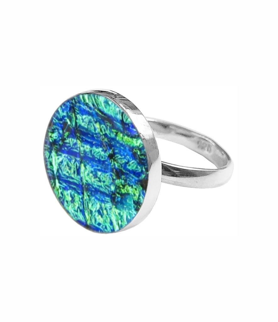 Sterling Silver Dichroic Glass Handmade Hook Adjustable Ring Band Sizes 5-10