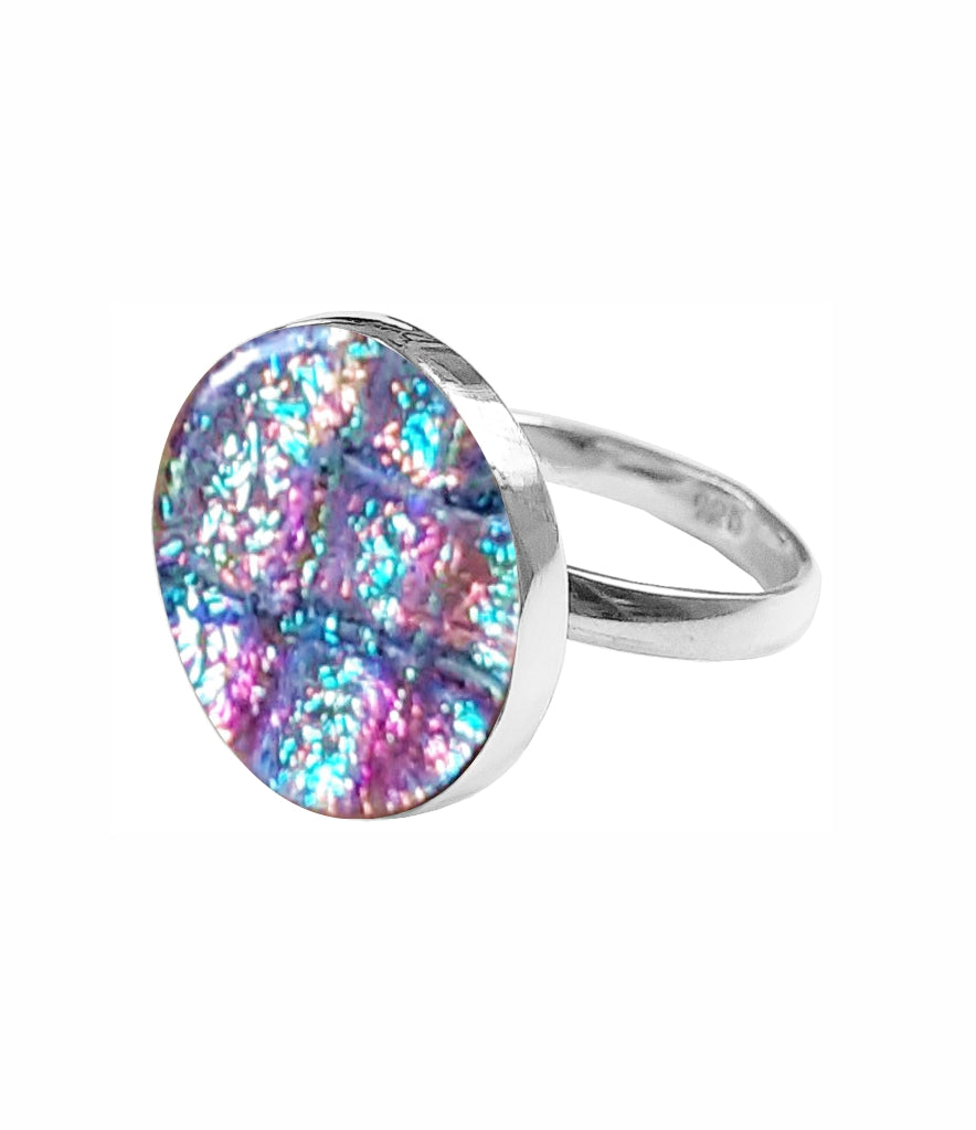 Sterling Silver Dichroic Glass Handmade Hook Adjustable Ring Band Sizes 5-10