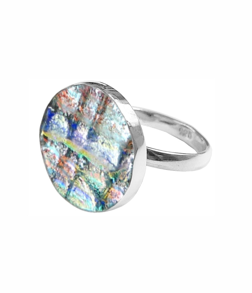 Sterling Silver Dichroic Glass Handmade Hook Adjustable Ring Band Sizes 5-10