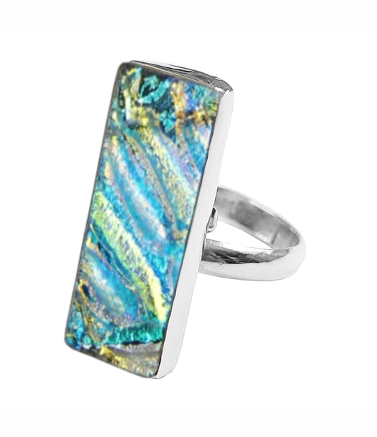 Sterling Silver Dichroic Glass Handmade Hook Adjustable Ring Band Sizes 5-10