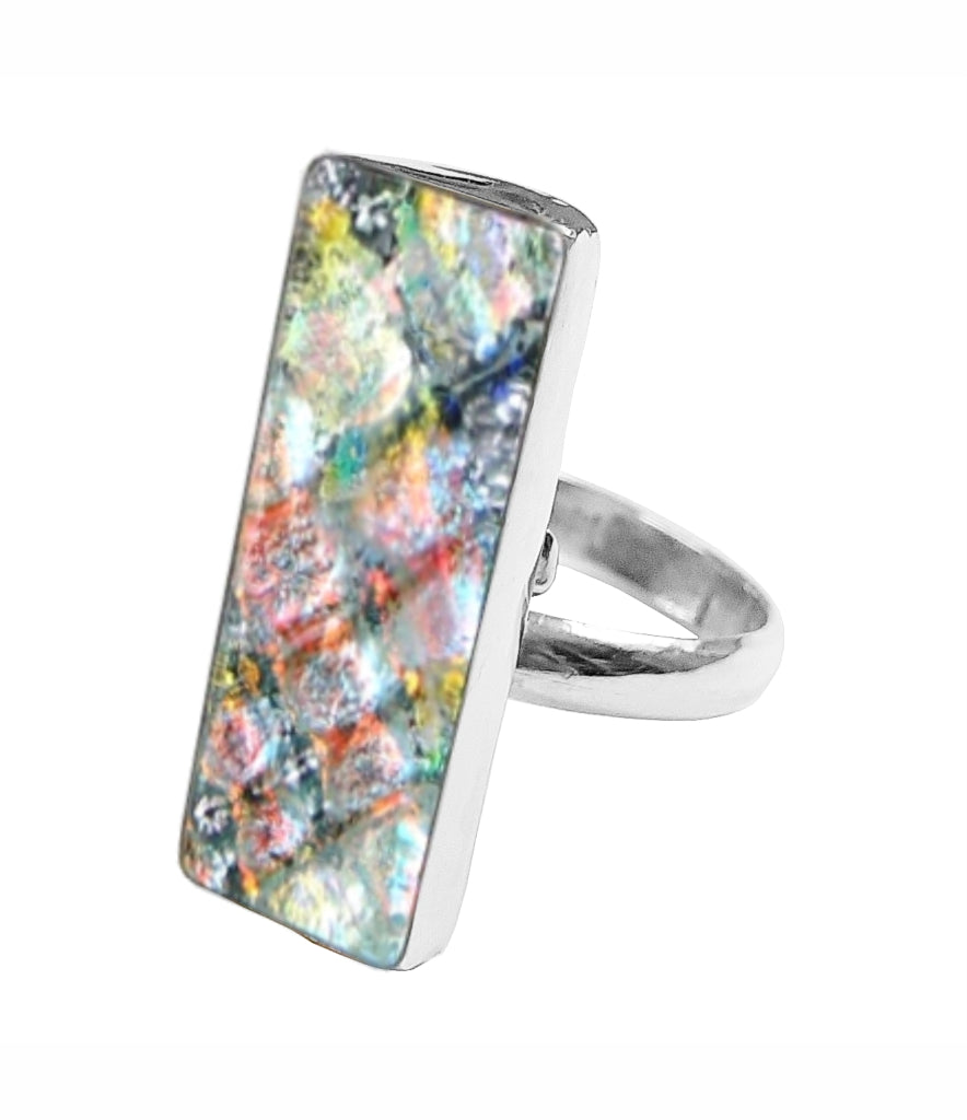 Sterling Silver Dichroic Glass Handmade Hook Adjustable Ring Band Sizes 5-10