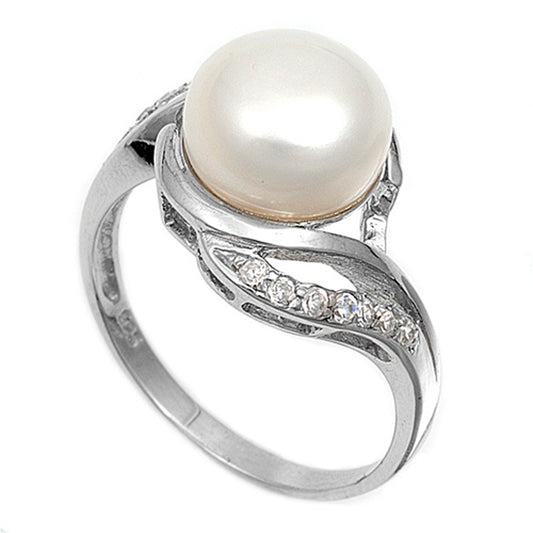 Sterling Silver Woman's Freshwater Pearl Clear CZ Ring Cute 925 Band Sizes 4-12