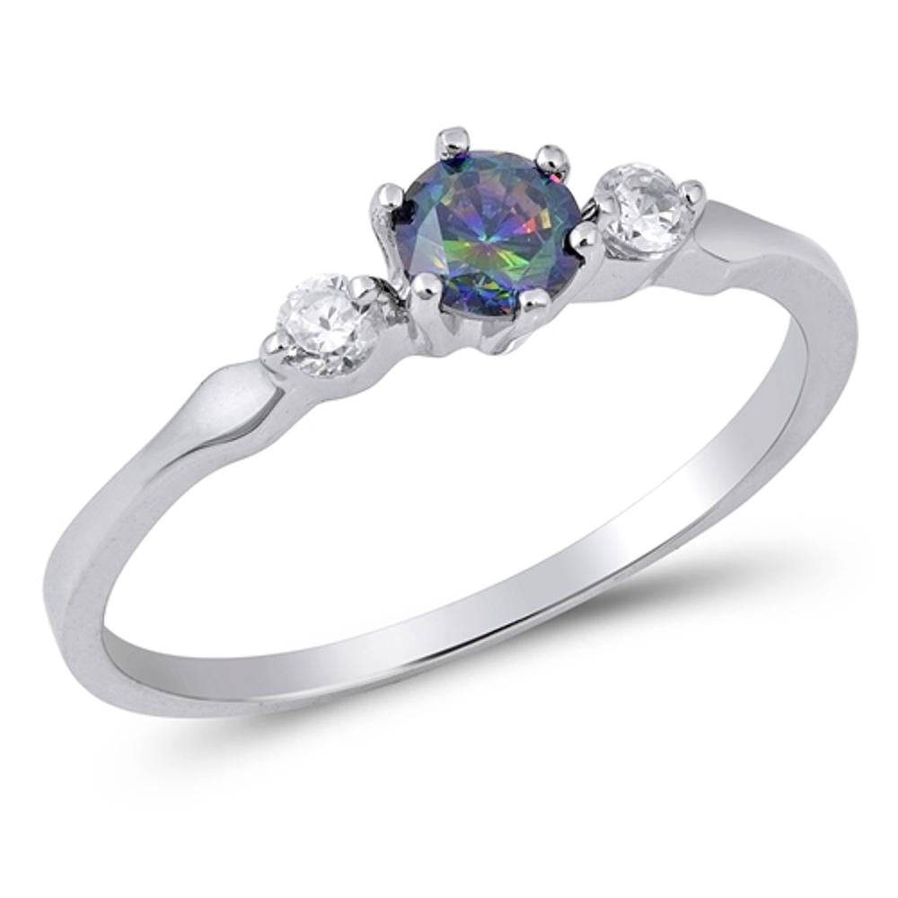 Sterling Silver Ring w/ Rainbow Topaz & Clear CZ Band 925 Sizes 4-11