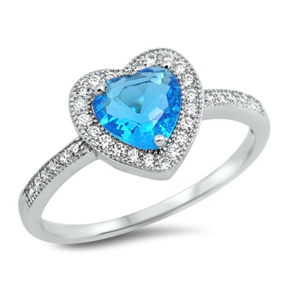 Blue Sapphire CZ Polished Heart Love Ring .925 Sterling Silver Band Sizes 4-10